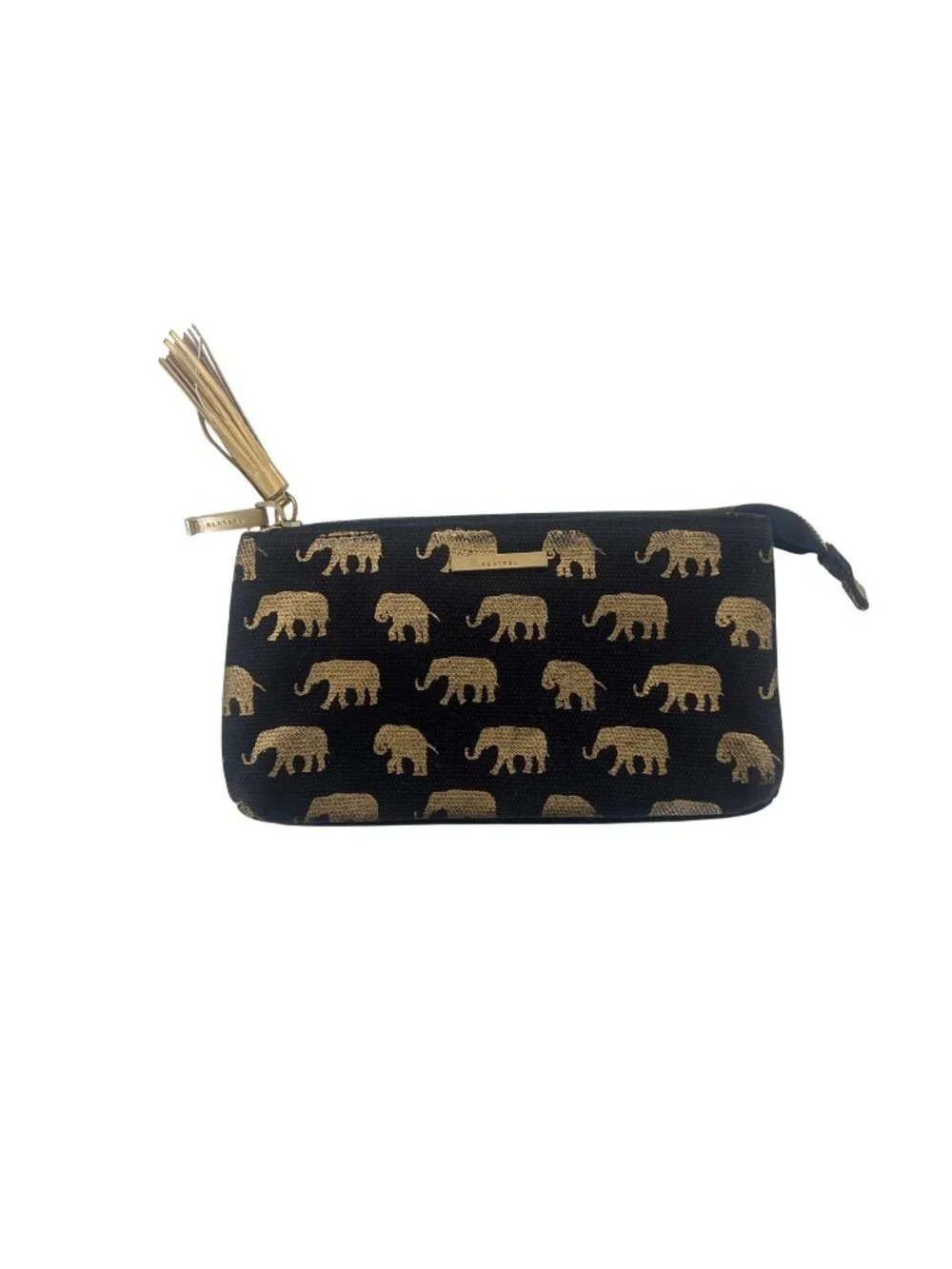 Kestrel Black & Gold Elephant Print Canvas Zipper Pouch With Tassel Accent